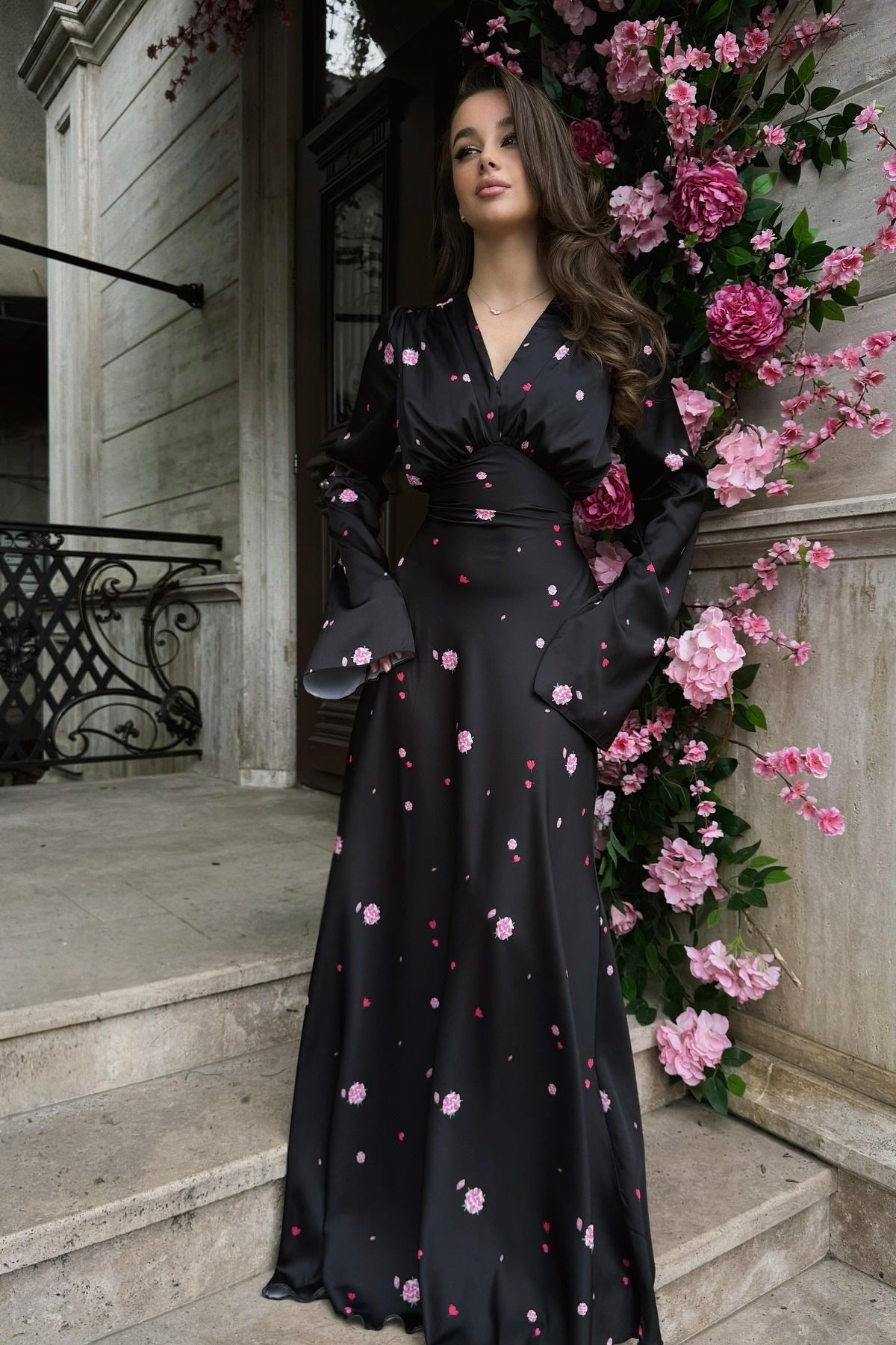 Pastel Rose Lustrous Satin Maxi Gown-Black