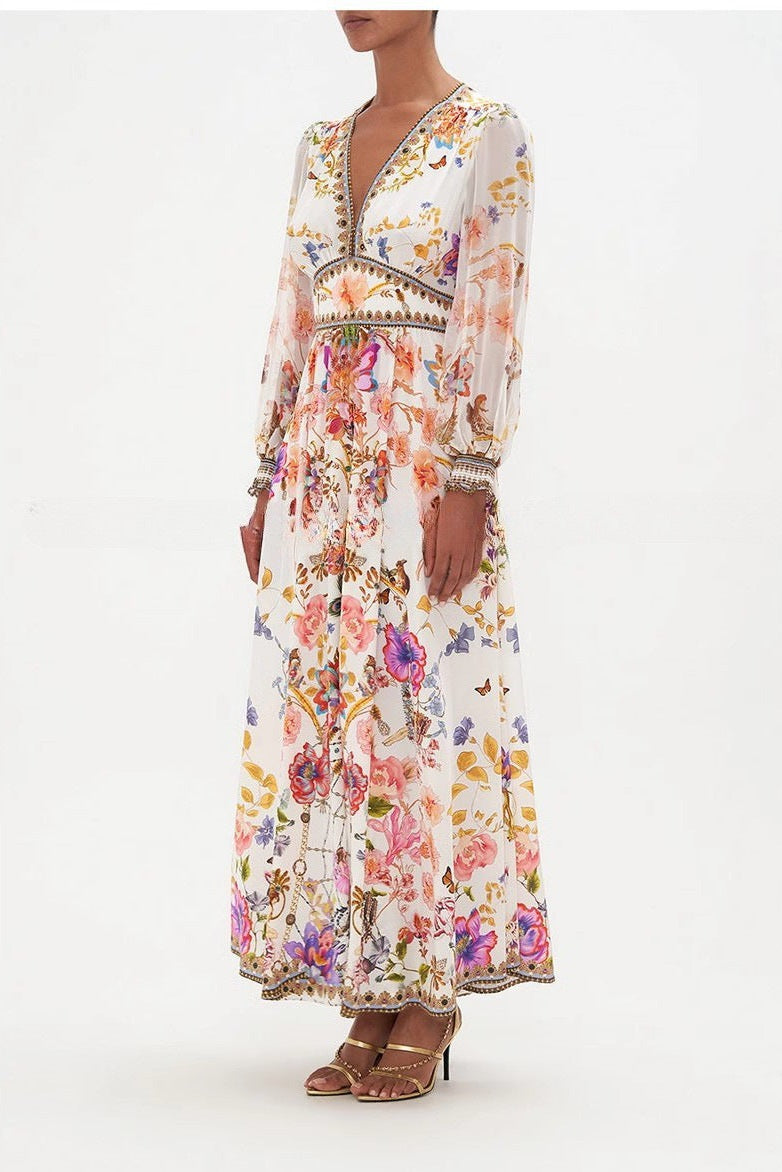 High-Waisted V-Neck Slim-Fit Floral Resort Maxi Dress