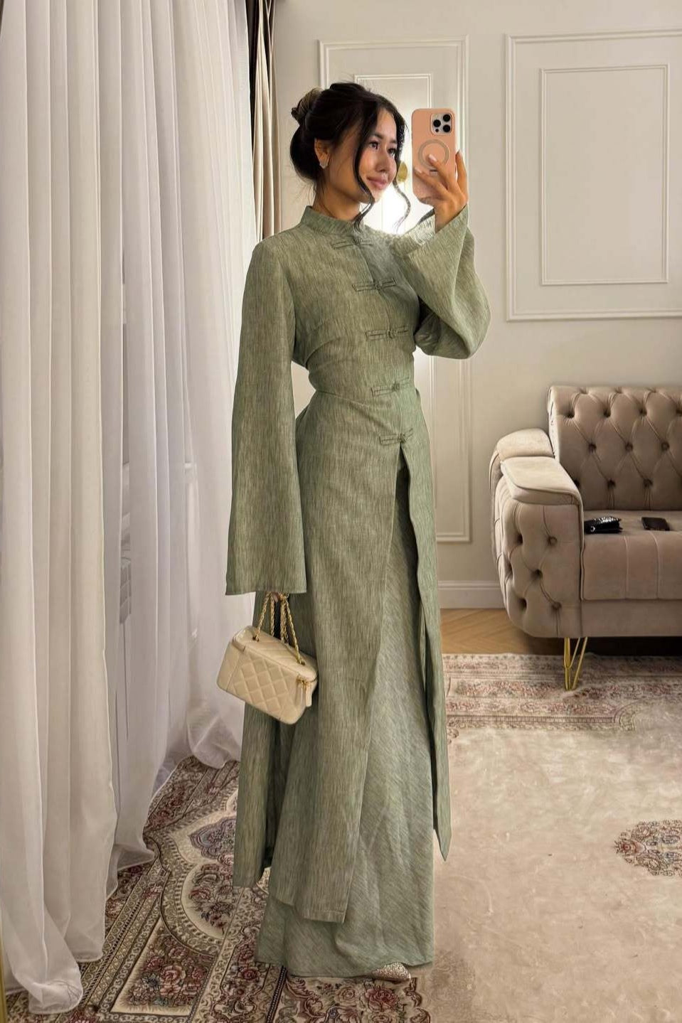 Hannah Mandarin Collar Frog Buttoned Set-Green