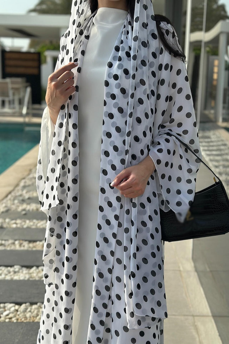 Polka Dot Print Abaya & Matching Headscarf Set-White