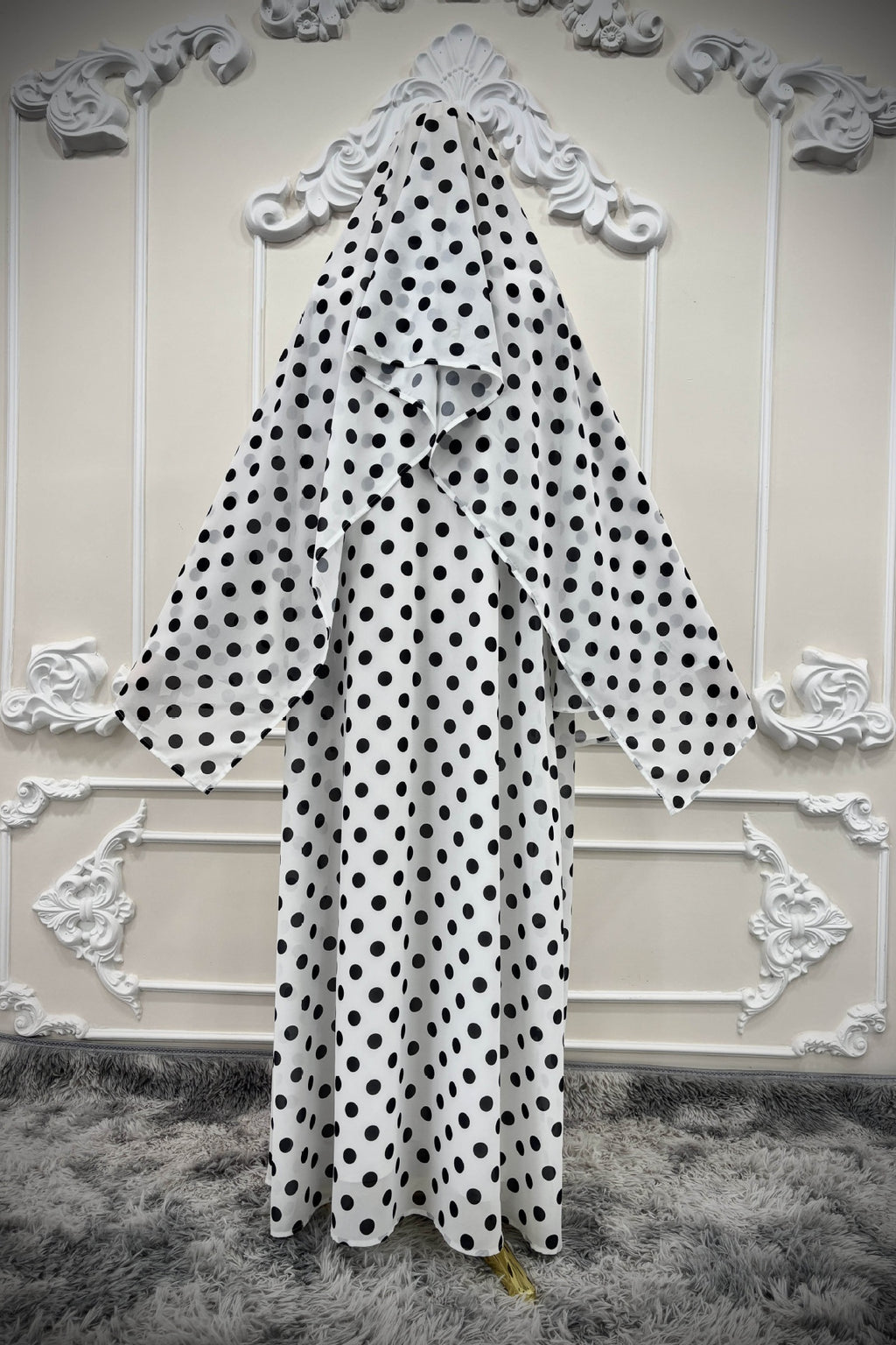 Polka Dot Print Abaya & Matching Headscarf Set-White