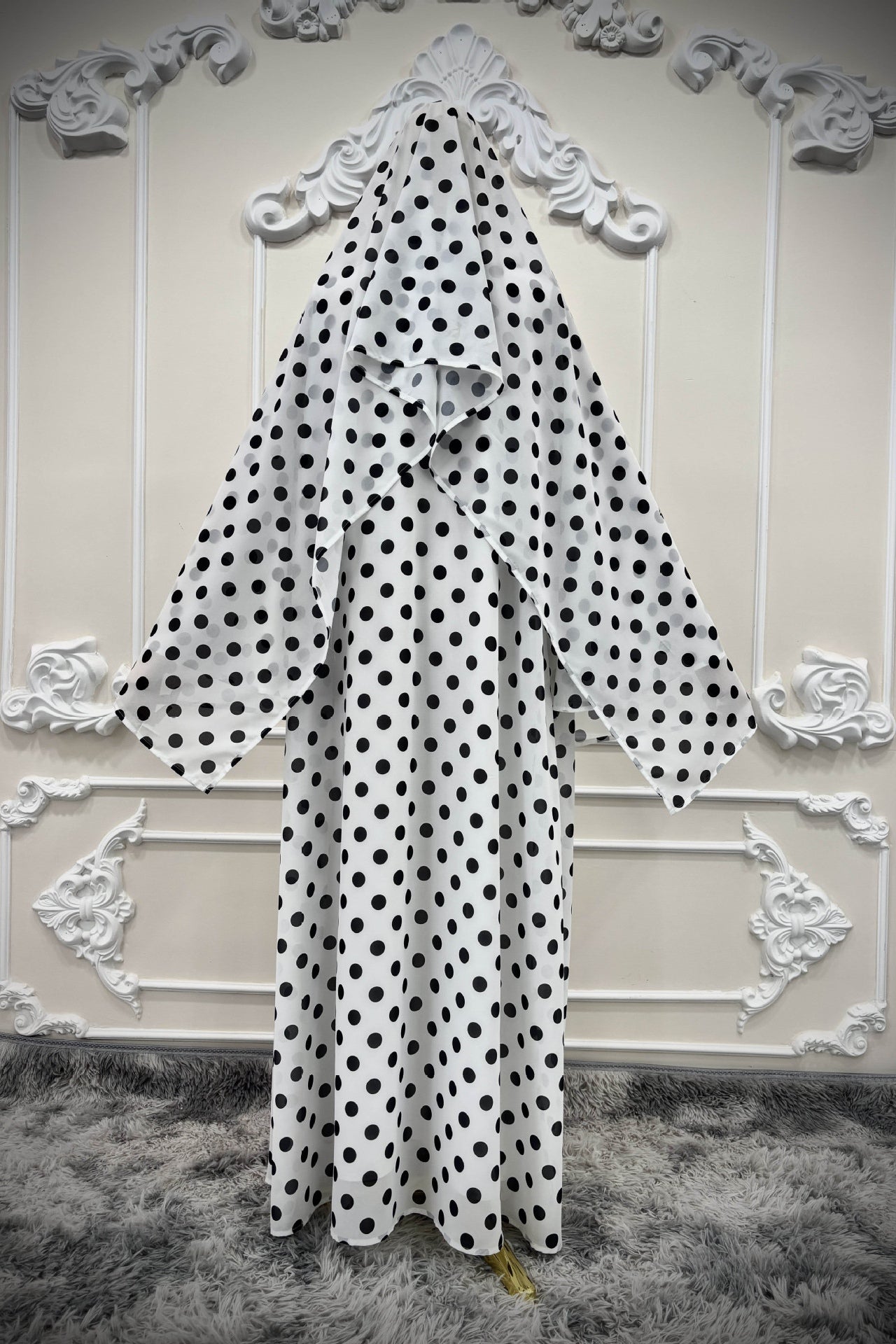 Polka Dot Print Abaya & Matching Headscarf Set-White