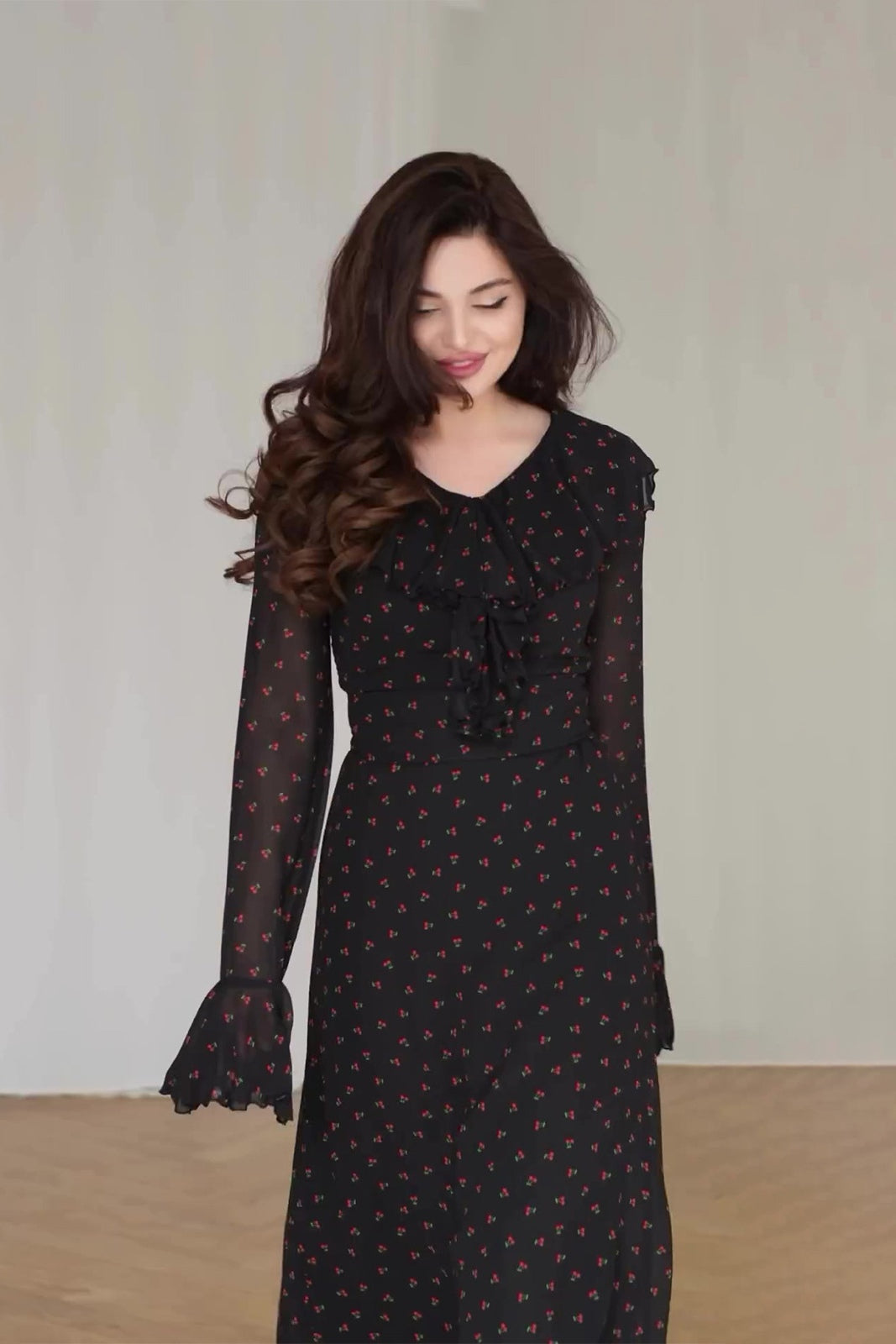Zara Ruffle V Neck Ditsy Floral Maxi Dress