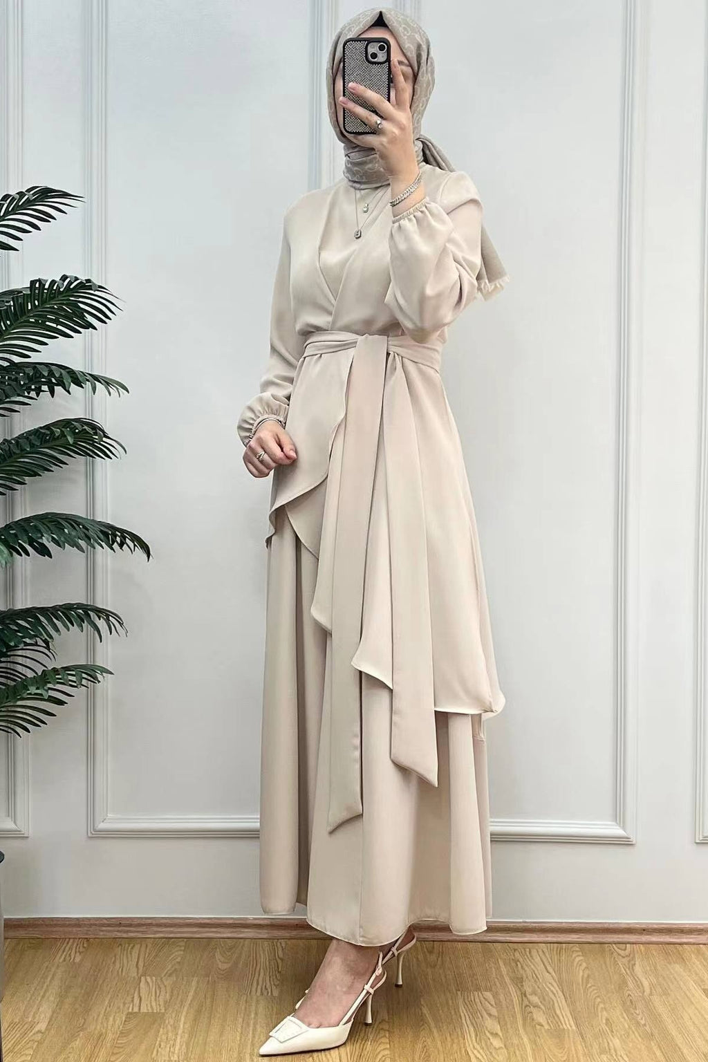 Asymmetrical Wrap Tunic & Wide-Leg Trouser Chiffon Set-Apricot