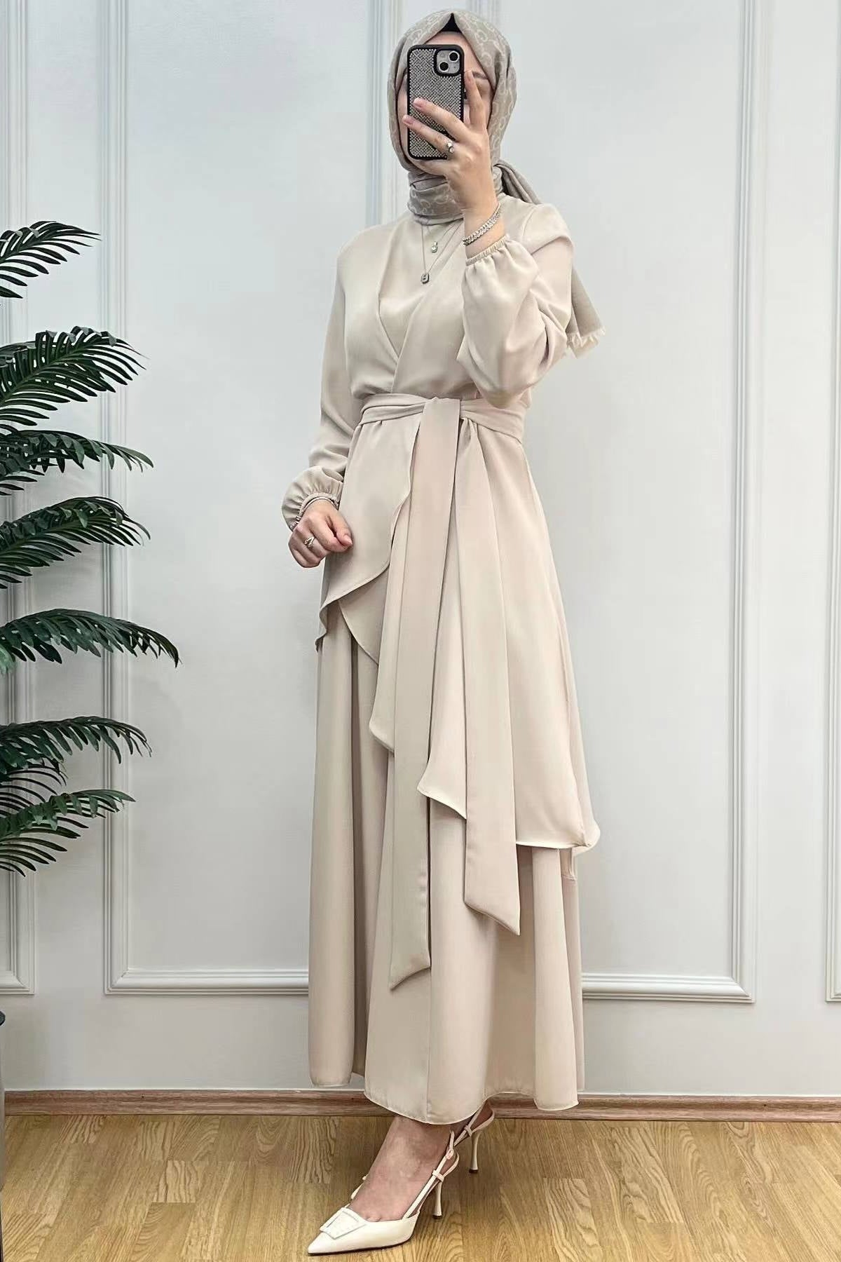 Asymmetrical Wrap Tunic & Wide-Leg Trouser Chiffon Set-Apricot