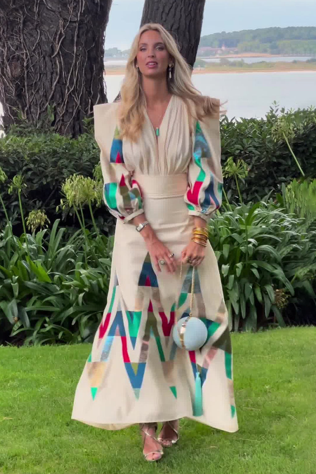 Elsa Geometric Print Puff Sleeve Maxi Dress