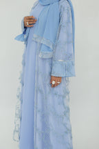 Floral Bloom Sheer Mesh Open Abaya-Blue