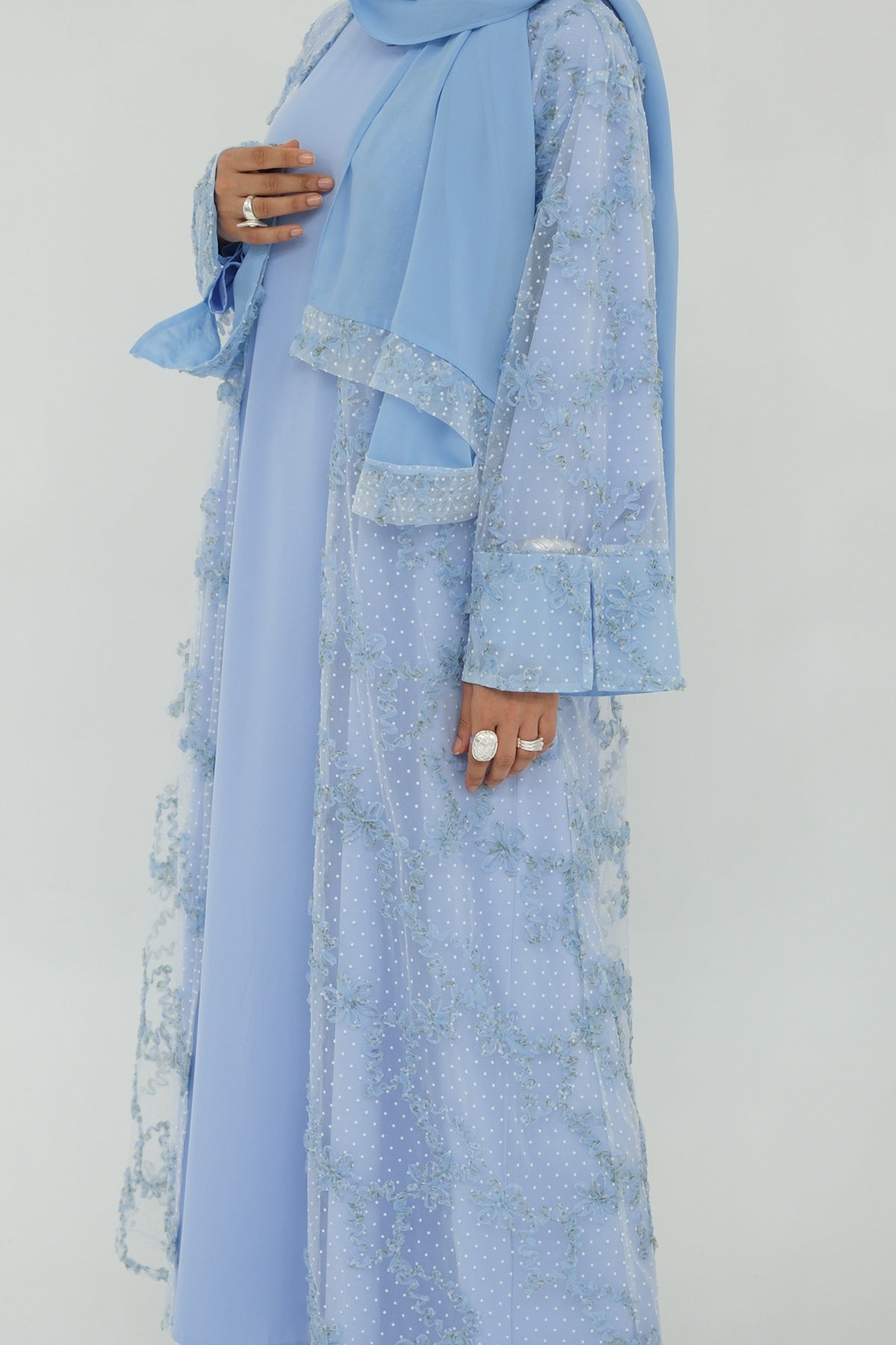 Floral Bloom Sheer Mesh Open Abaya-Blue