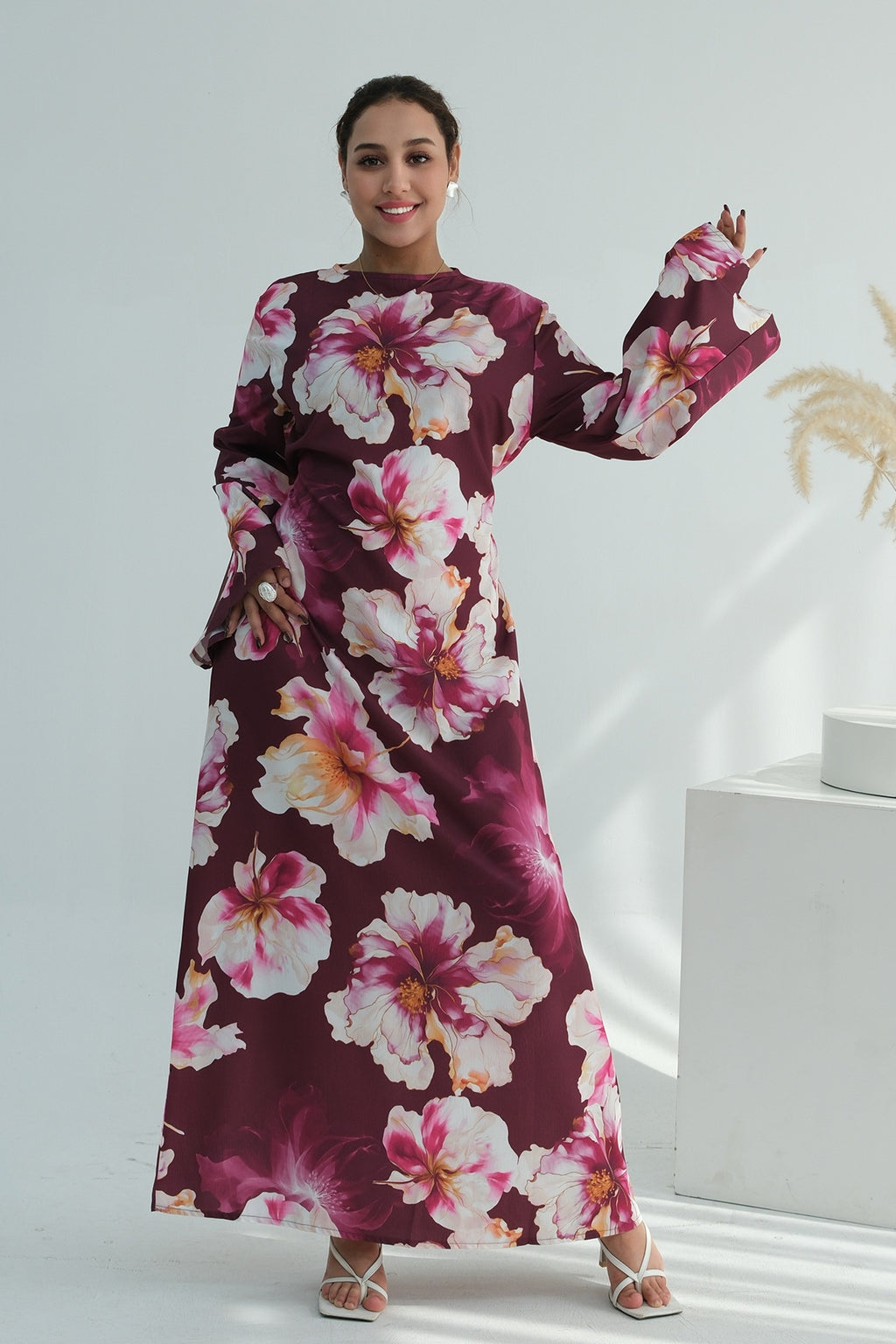 Large Floral Print Bell Sleeve Maxi Dress-Wine