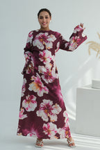 Large Floral Print Bell Sleeve Maxi Dress-Wine