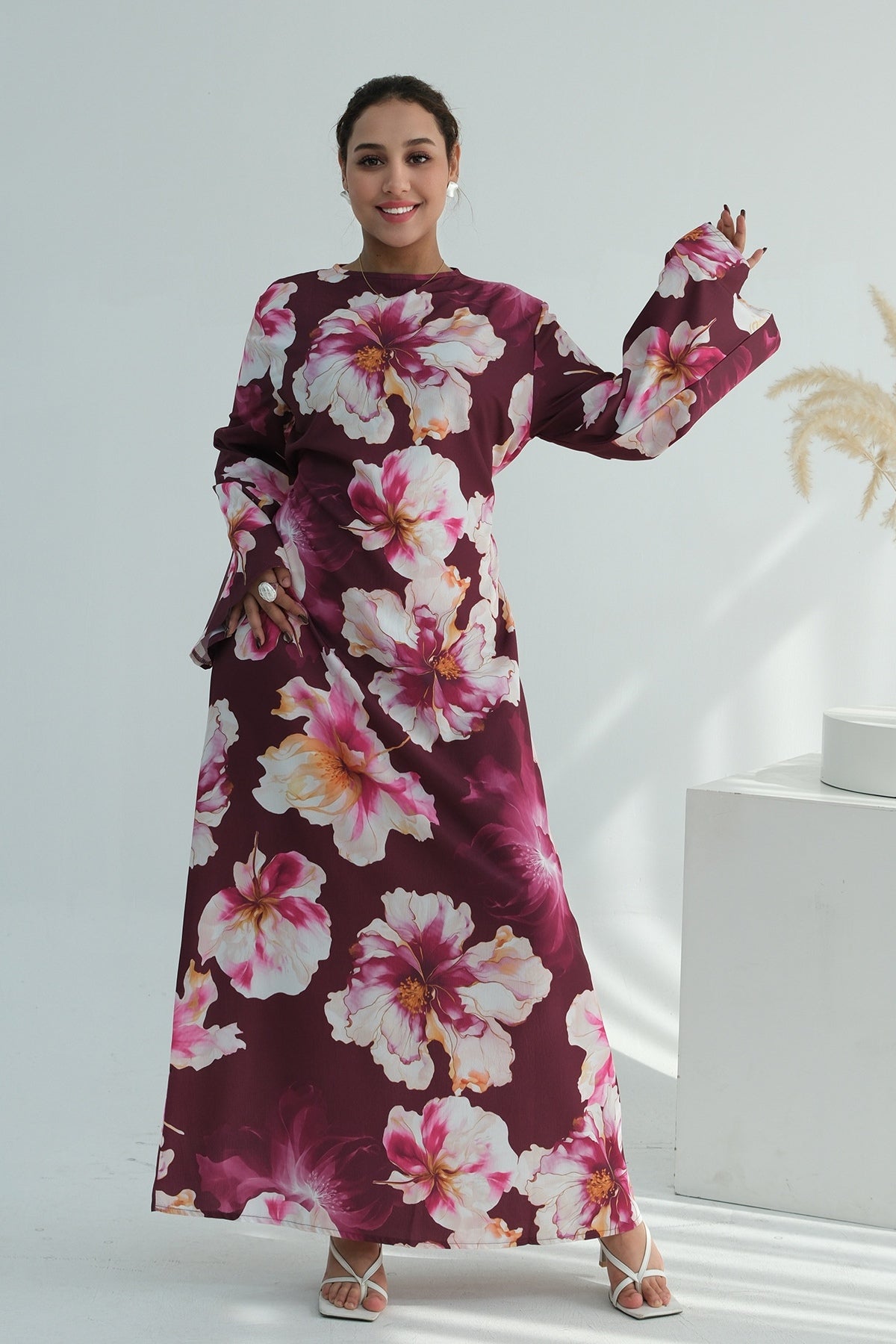 Large Floral Print Bell Sleeve Maxi Dress-Wine