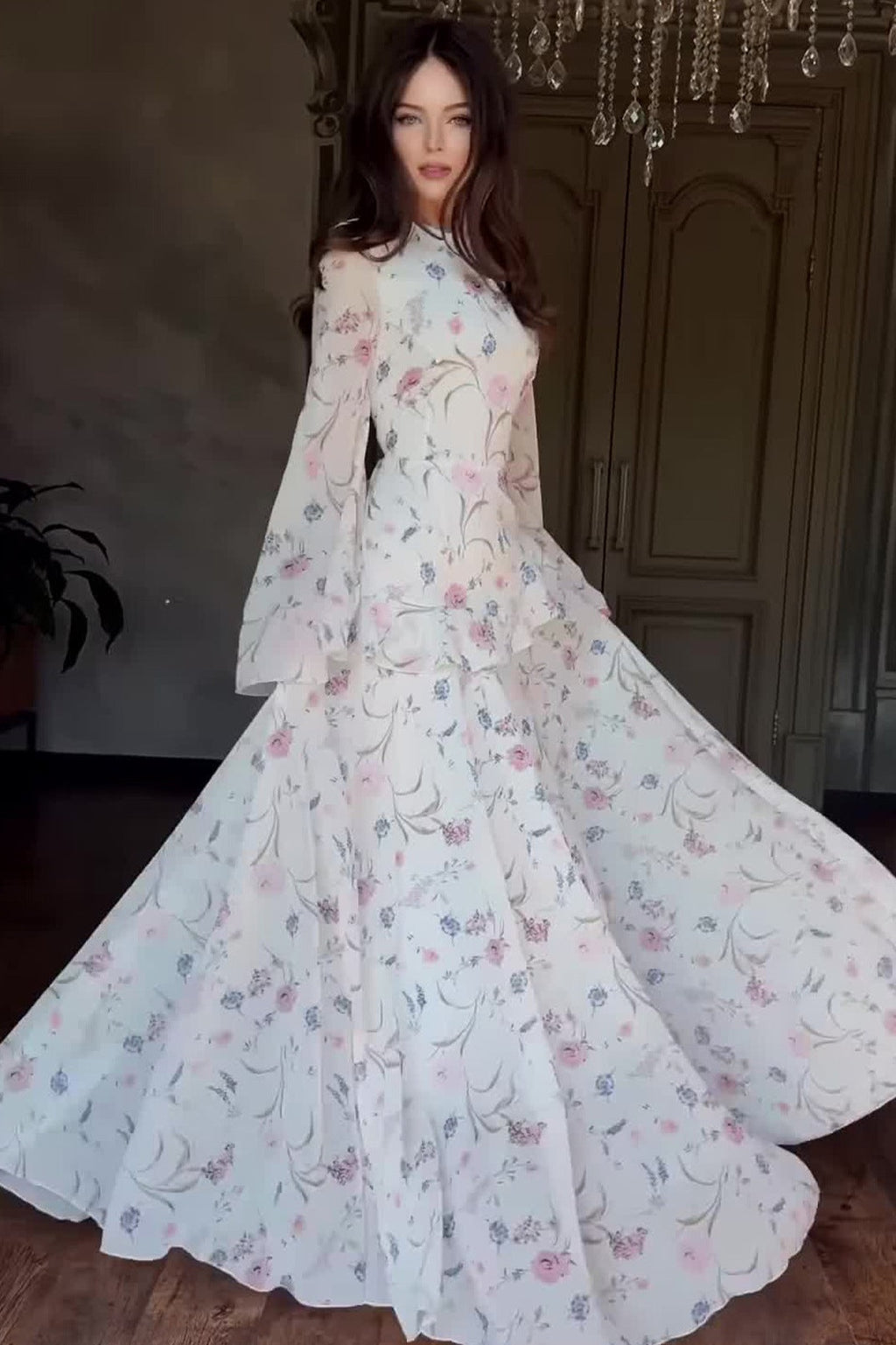 White Floral Flared Sleeve Dress
