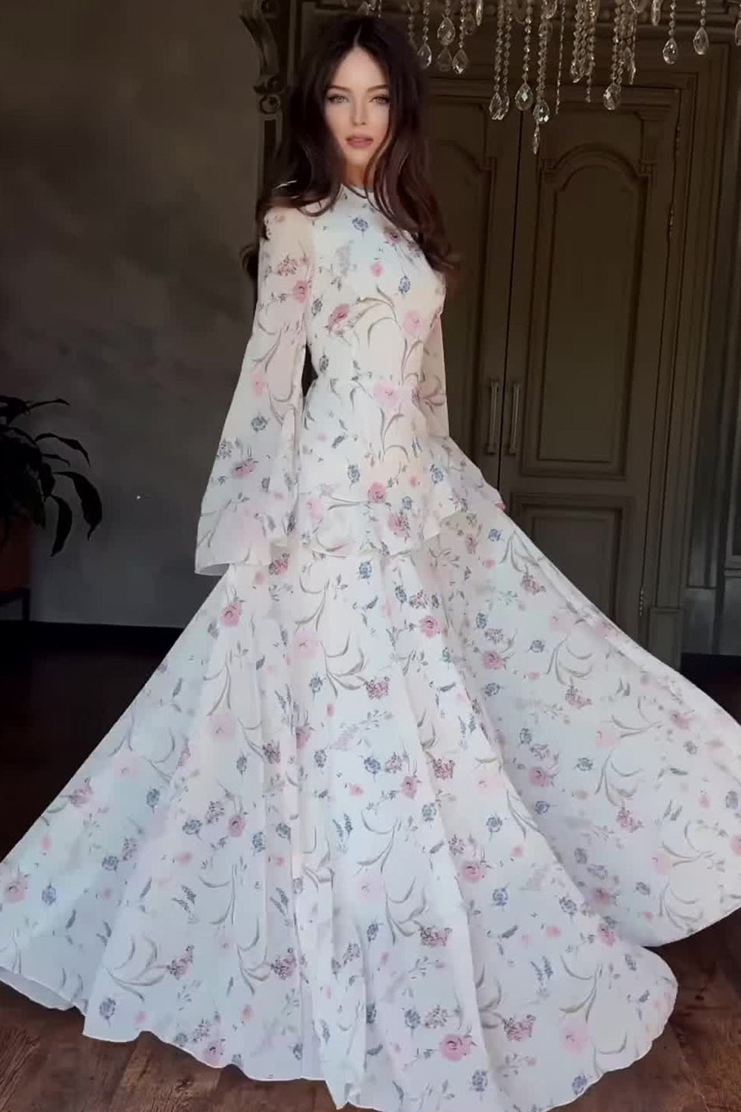 White Floral Flared Sleeve Dress