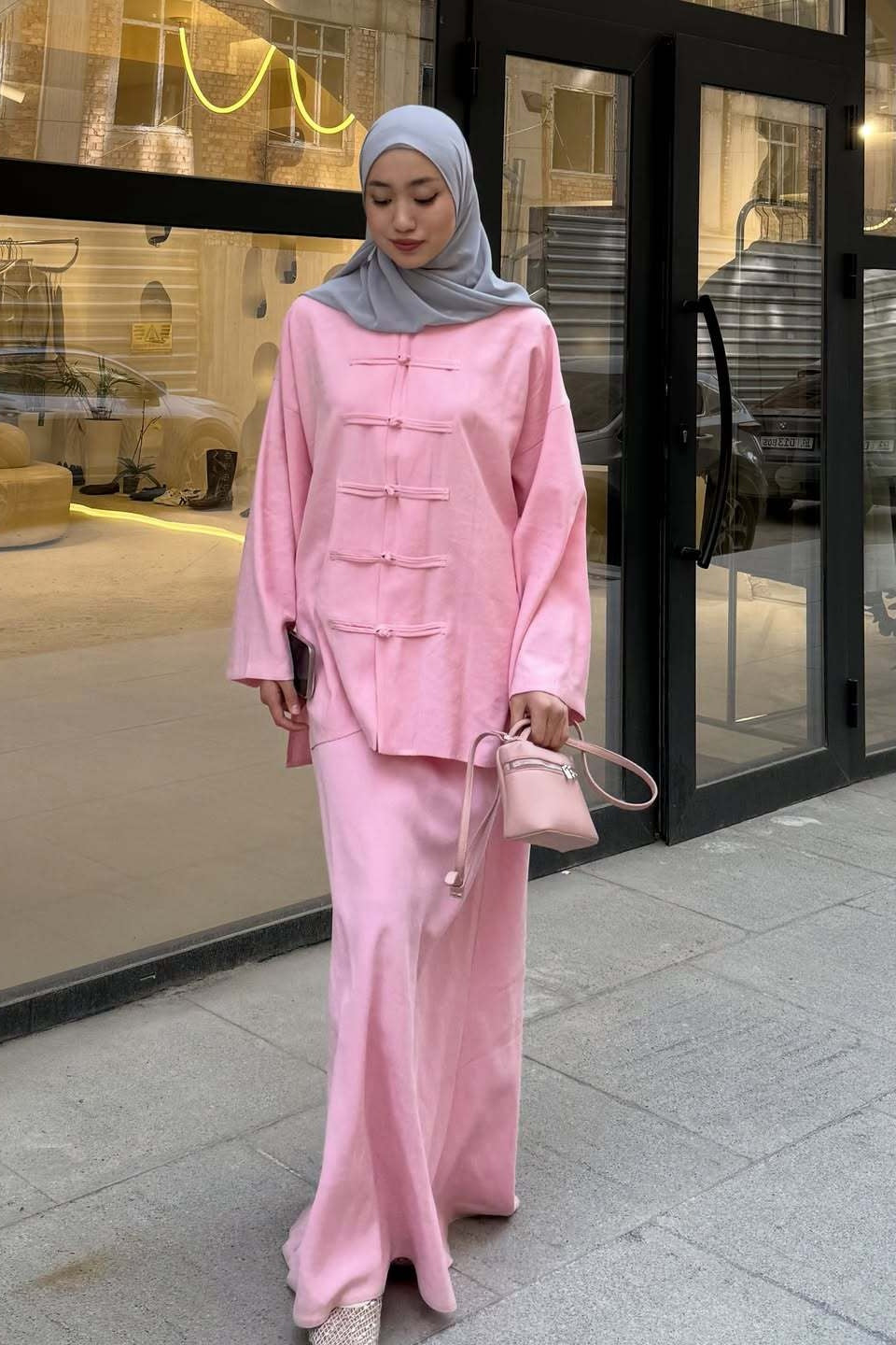 Mandarin Collar Knot-Button Modest Two-Piece Co-Ord Set-Pink