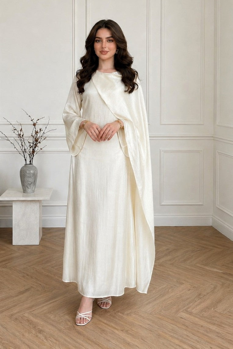 Elegant Cape-Sleeve Modest Maxi Dress-Apricot
