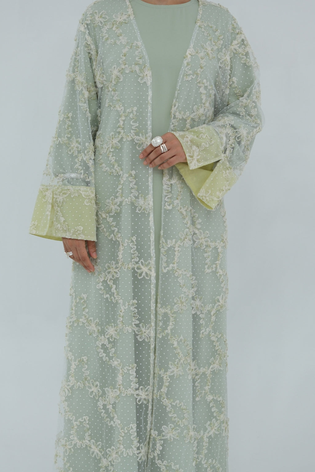 Floral Bloom Sheer Mesh Open Abaya-Green