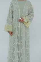 Floral Bloom Sheer Mesh Open Abaya-Green