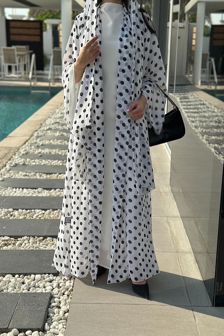 Polka Dot Print Abaya & Matching Headscarf Set-White