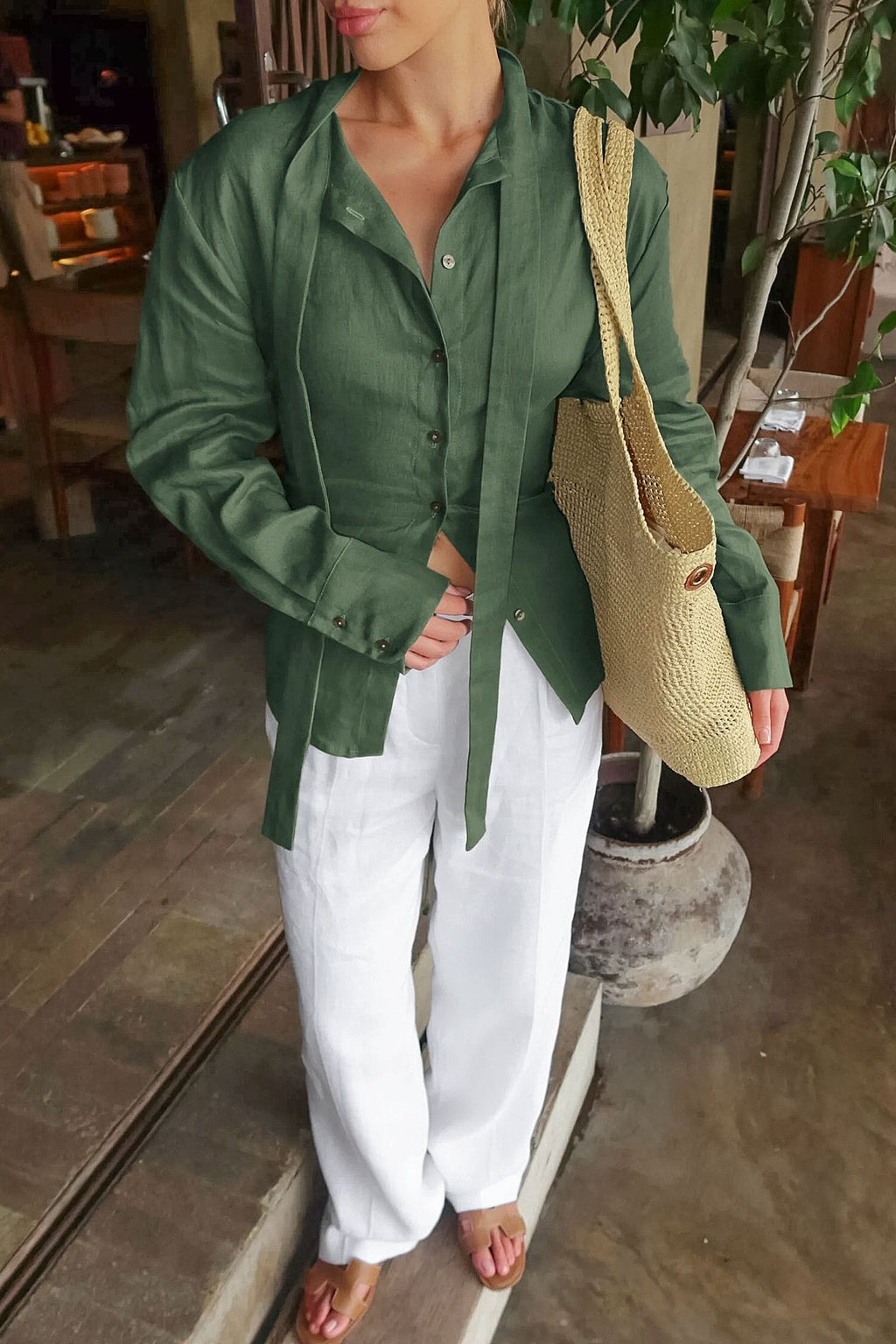 Isabella Linen Tie Blouse Shirt-Green