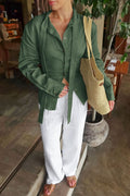 Isabella Linen Tie Blouse Shirt-Green