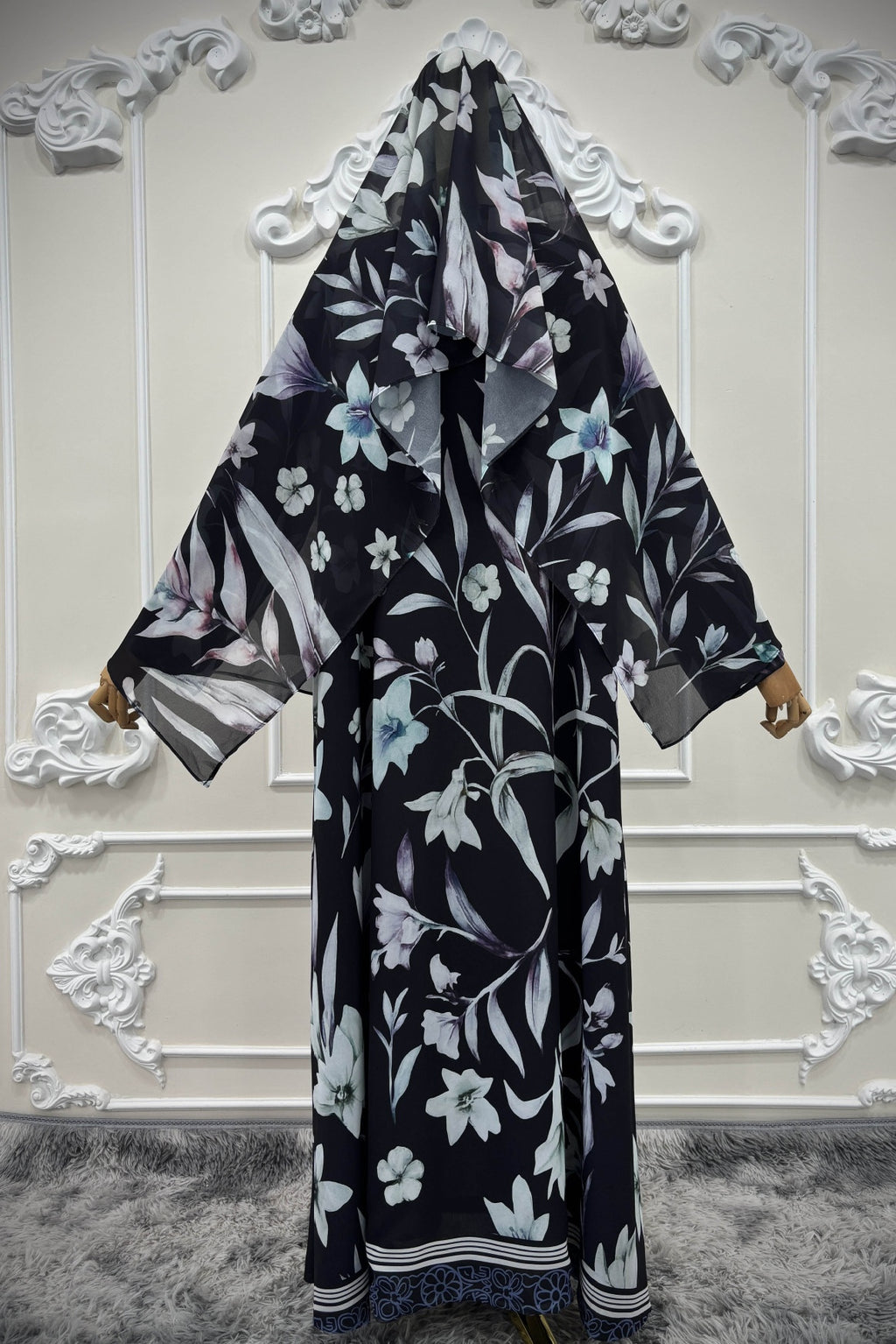 Dark Floral Print Abaya & Matching Hijab Set