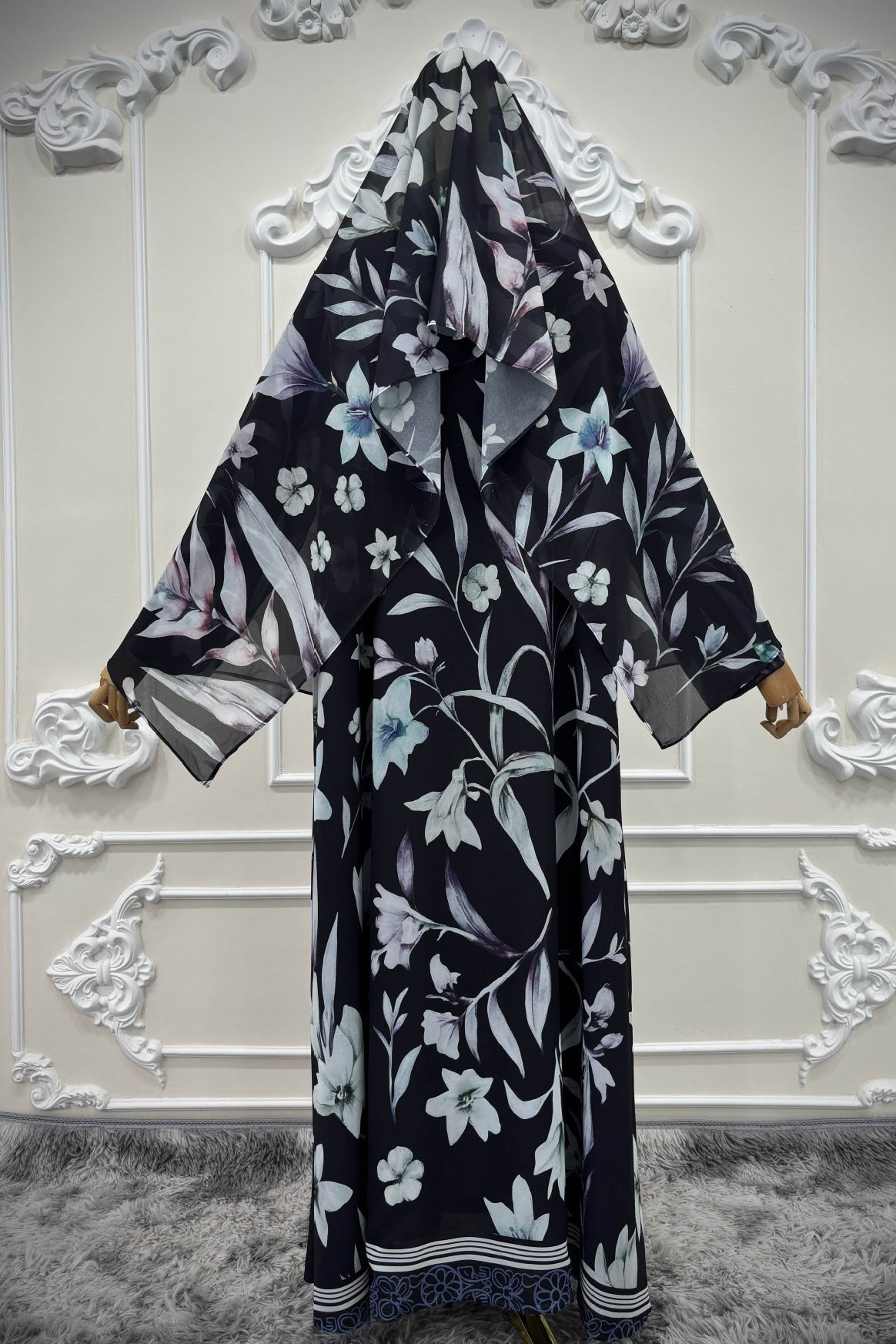 Dark Floral Print Abaya & Matching Hijab Set