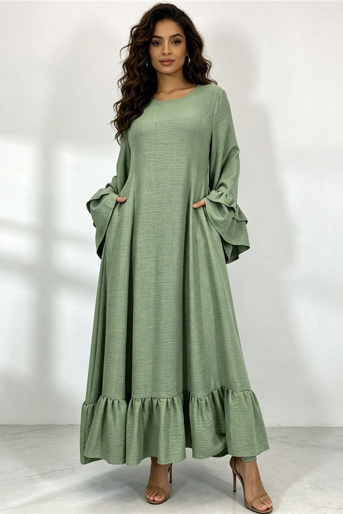 Sara Double Ruffle Cuff Tiered Maxi Dress-Green