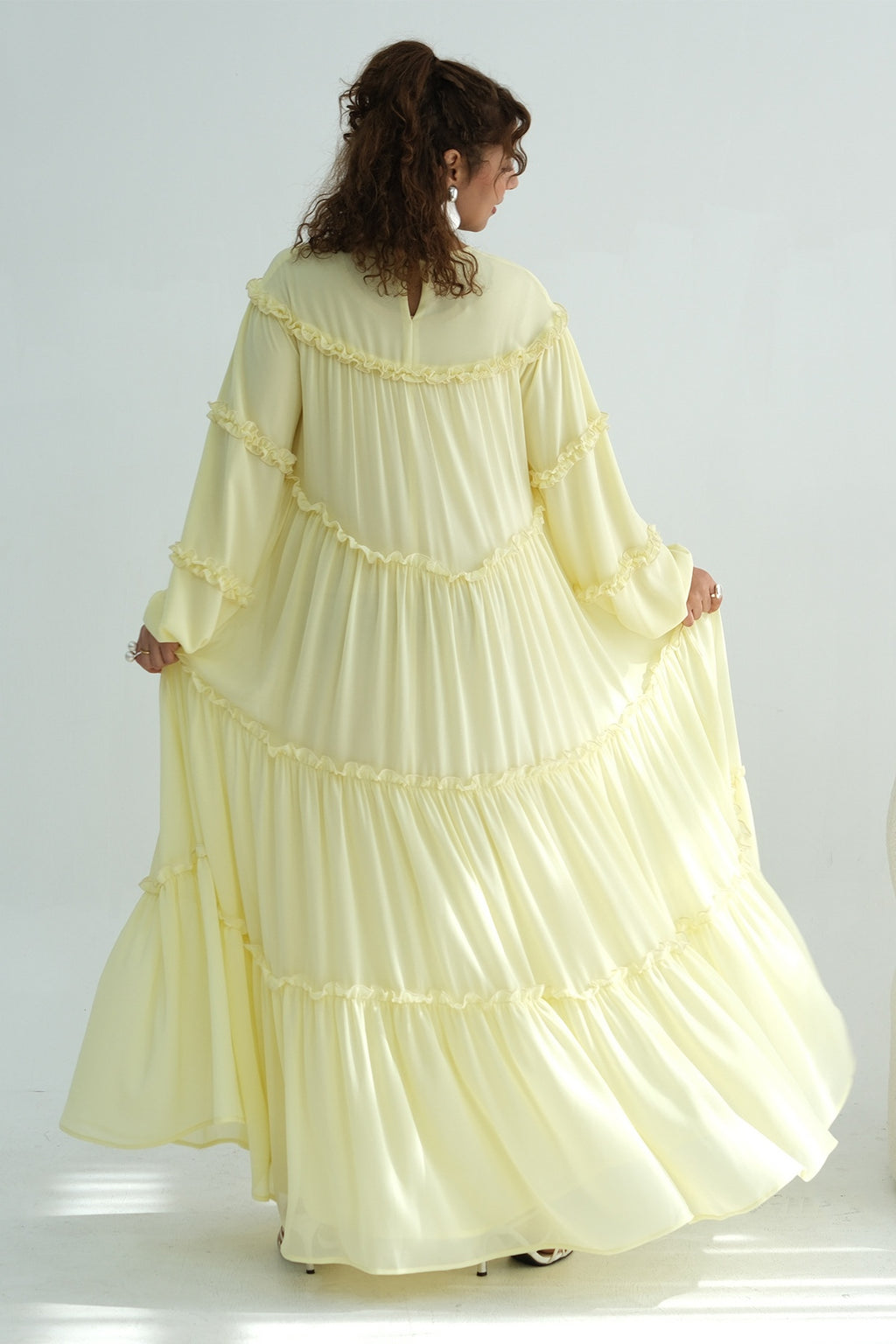 Tiered Ruffle Chiffon Maxi Dress-Yellow