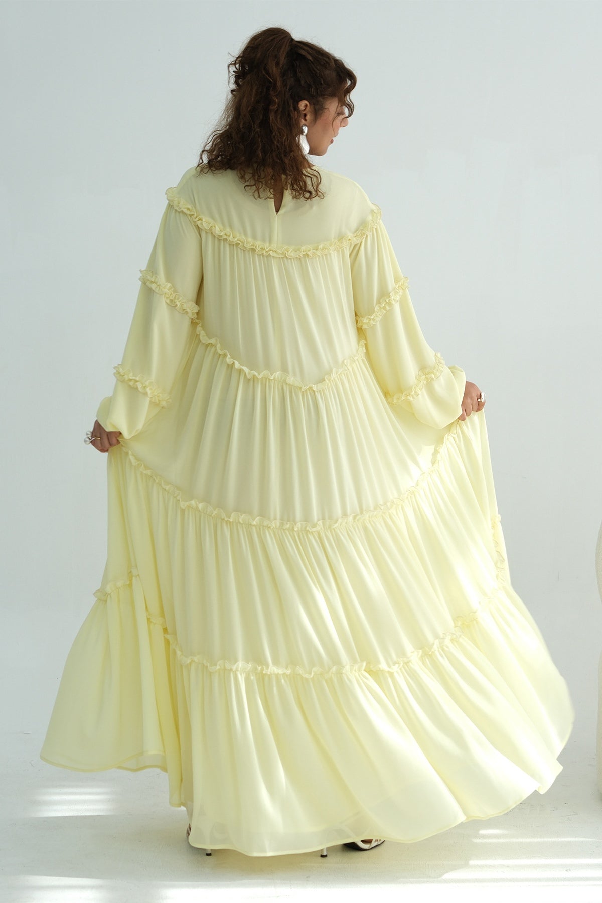 Tiered Ruffle Chiffon Maxi Dress-Yellow