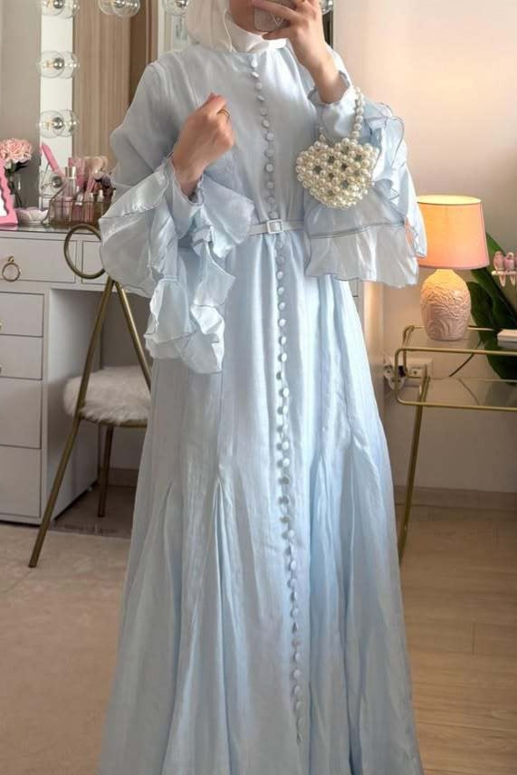 Button Down Cascade Ruffle Sleeve Dress-Blue