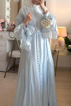 Button Down Cascade Ruffle Sleeve Dress-Blue