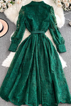 Elena Lace Embroidered Buttoned Maxi Dress-DarkGreen