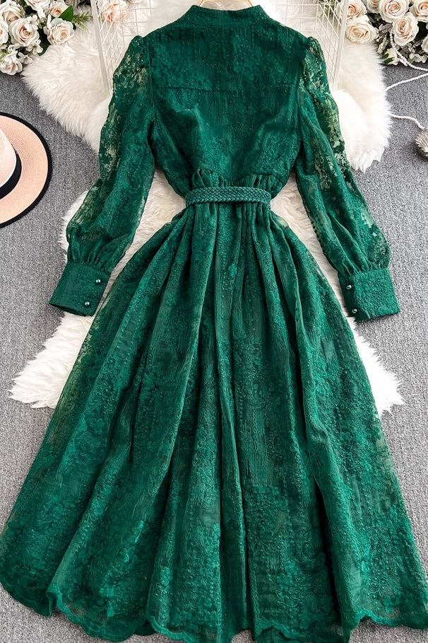 Elena Lace Embroidered Buttoned Maxi Dress-DarkGreen