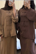 Mandarin Collar Knot-Button Modest Two-Piece Co-Ord Set-Brown