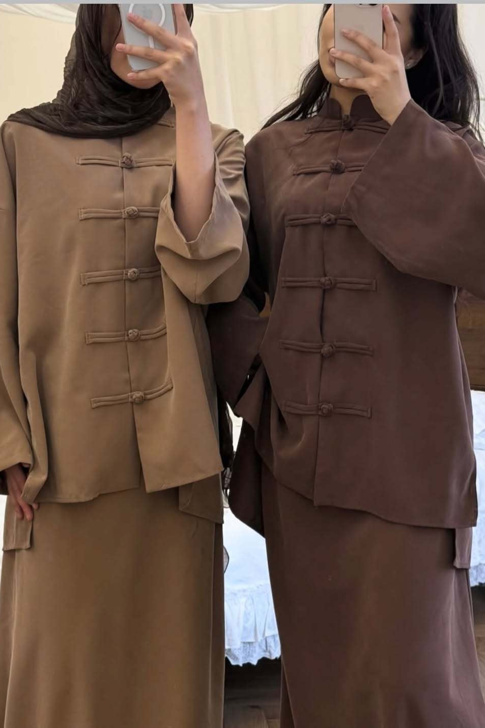 Mandarin Collar Knot-Button Modest Two-Piece Co-Ord Set-Brown