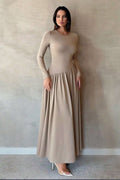 Minimalist Pleated Slim-Fit Maxi Dress-Apricot