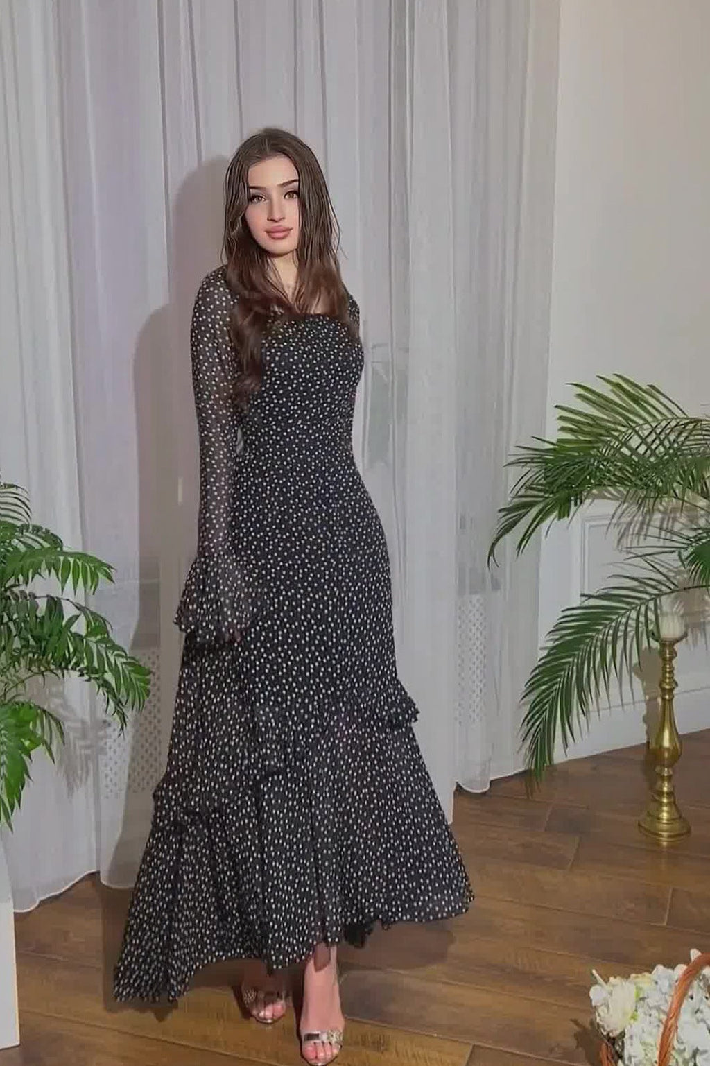 Polka Dot Chiffon Irregular Hem Maxi Dress with Ruffle Sleeves
