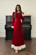 Slim-Fit Lace Patchwork High-End Designer Maxi Dress-Red