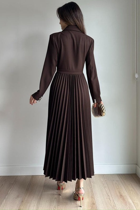 Amara Blazer Pleated Maxi Dress-Brown