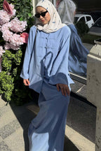Mandarin Collar Knot-Button Modest Two-Piece Co-Ord Set-Blue