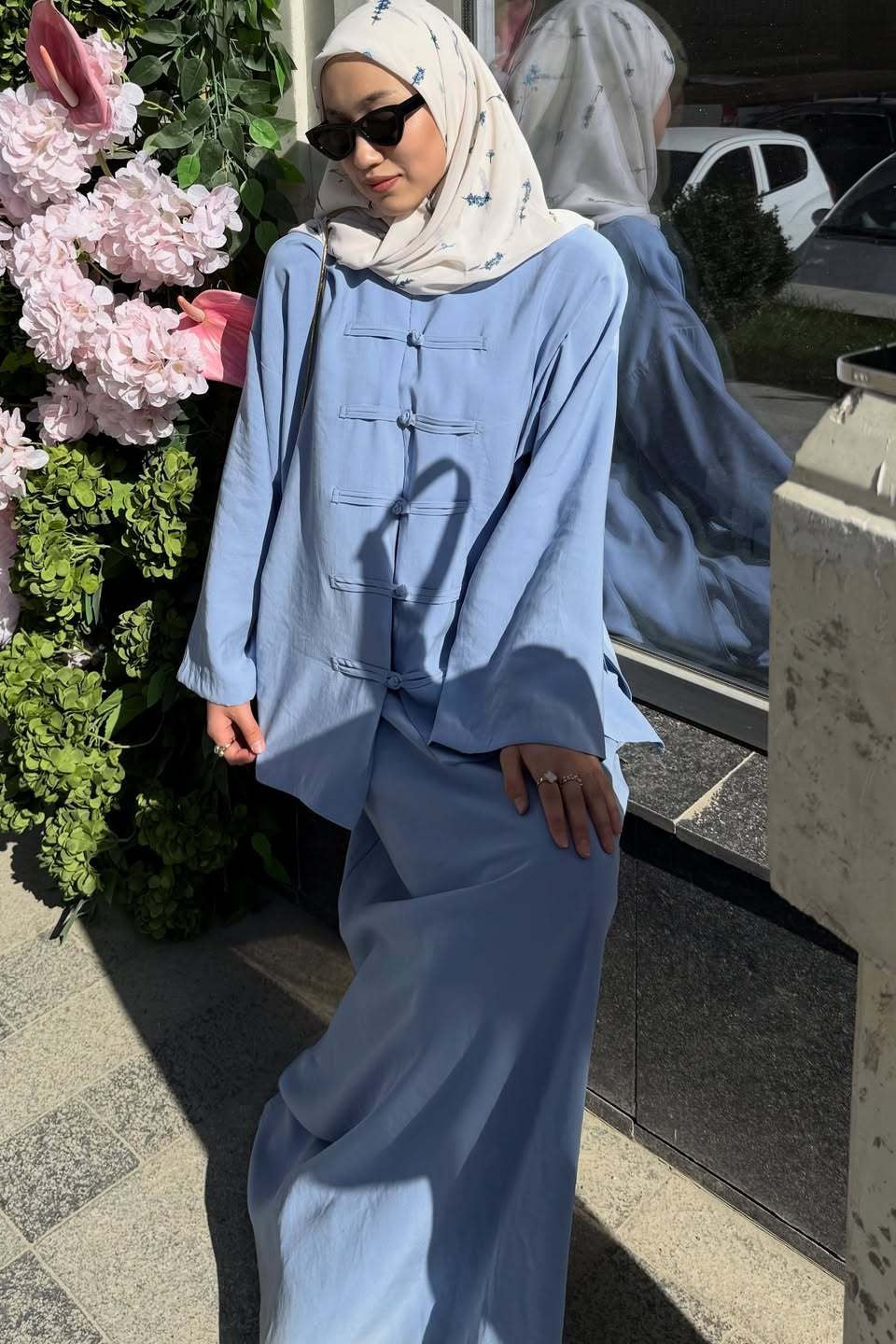 Mandarin Collar Knot-Button Modest Two-Piece Co-Ord Set-Blue