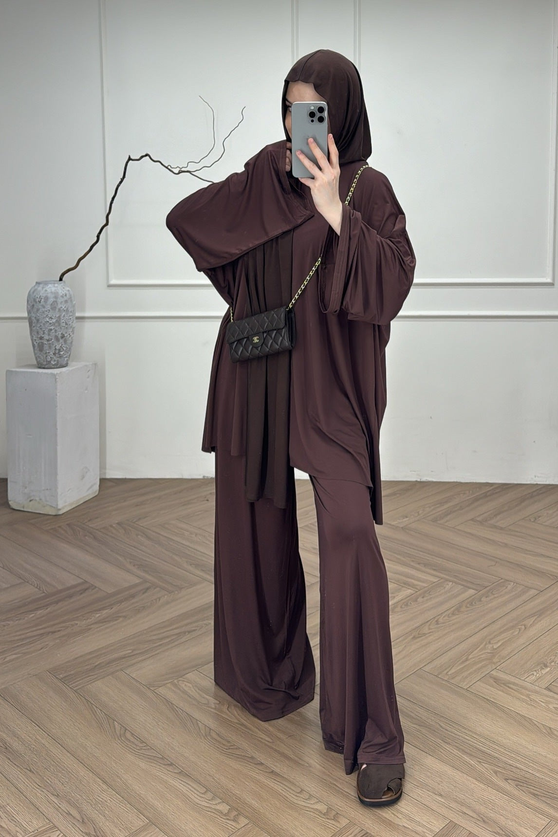 Draped Oversized Tunic & Wide-Leg Trouser Two-Piece Set-Brown