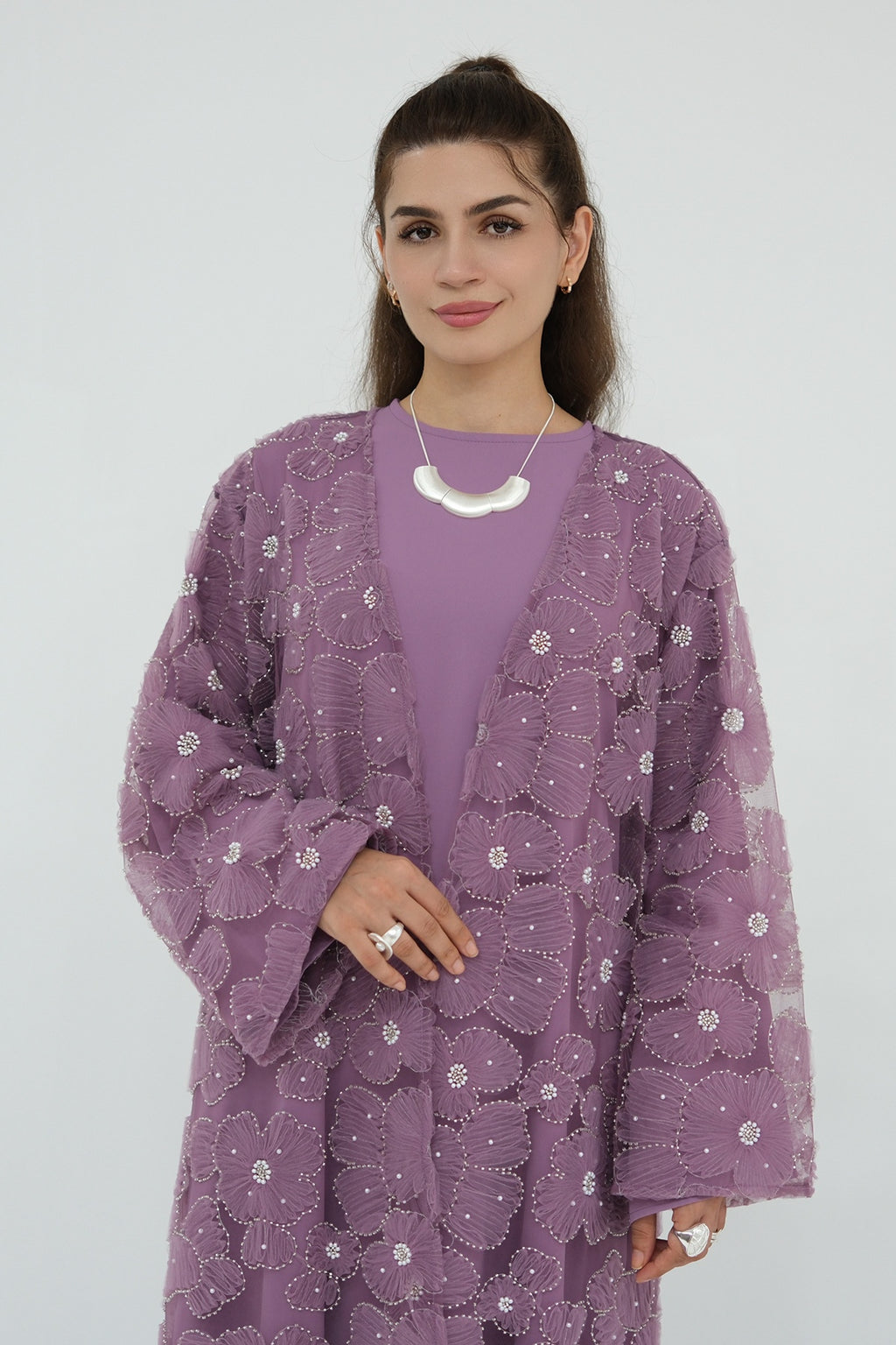 Hand-Beaded Floral Mesh Abaya Two-Piece Set-DarkPurple