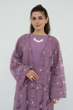 Hand-Beaded Floral Mesh Abaya Two-Piece Set-DarkPurple