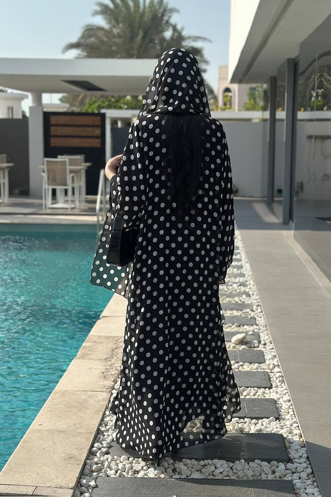 Polka Dot Print Abaya & Matching Headscarf Set-Black