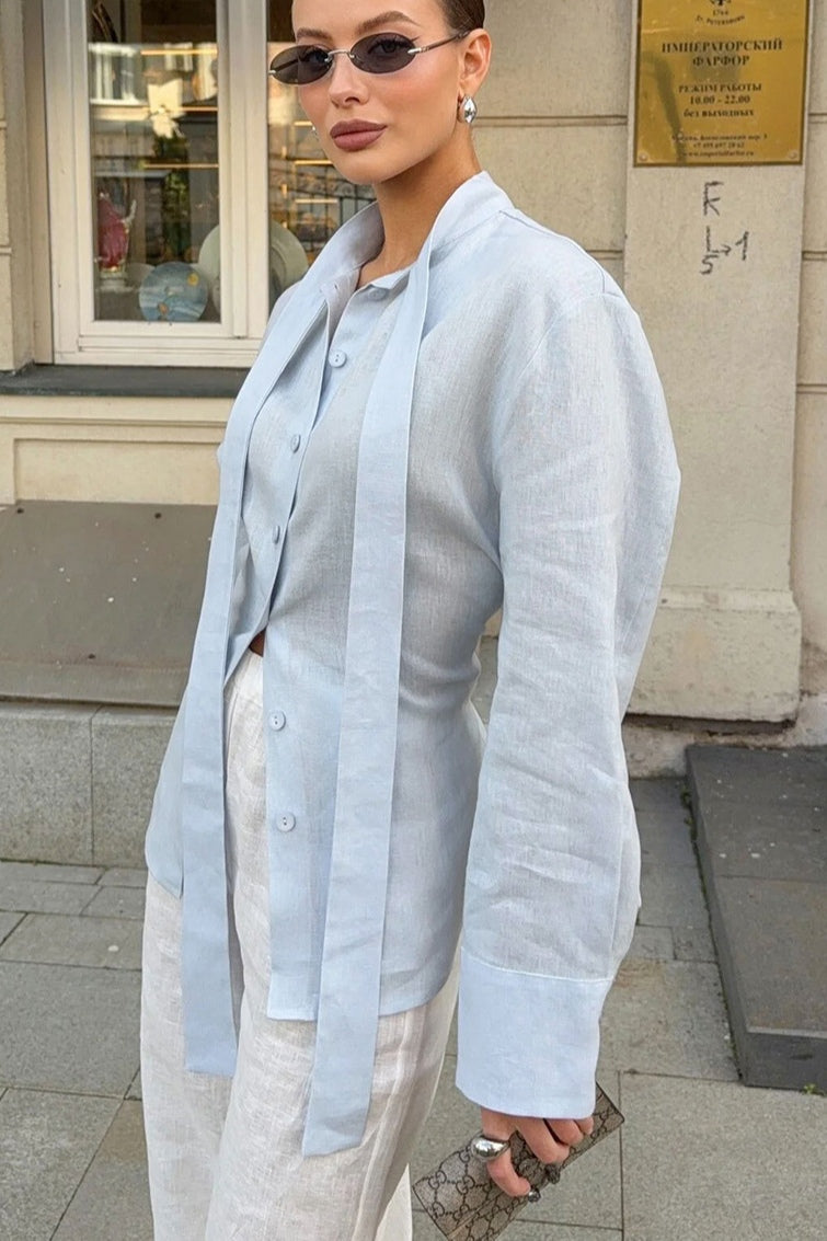 Isabella Linen Tie Blouse Shirt-Blue