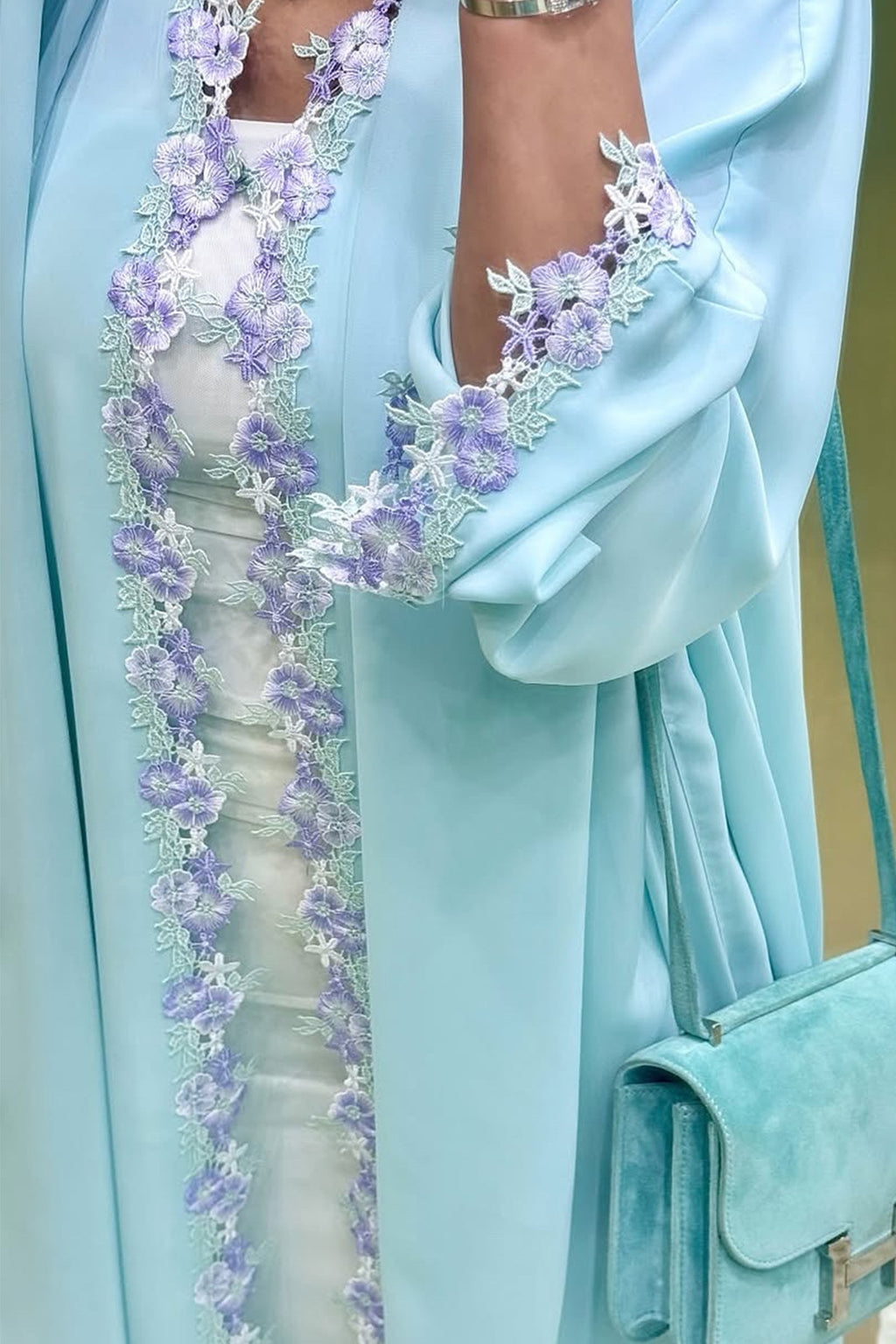 Zahra Pastel Floral Lace Trim Open Abaya