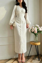 Embroidered Texture Button Detail Maxi Dress