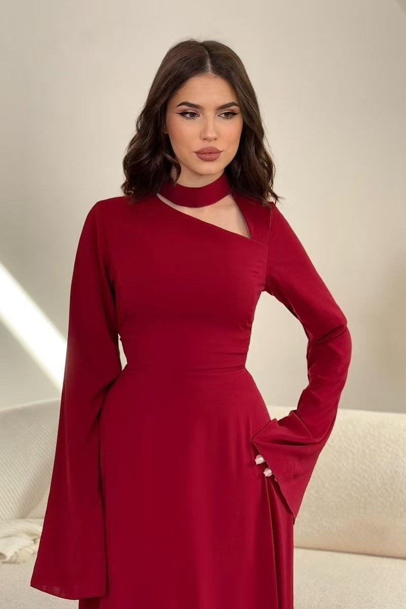 Minimalist Evening Dress with Flared Sleeves-Red