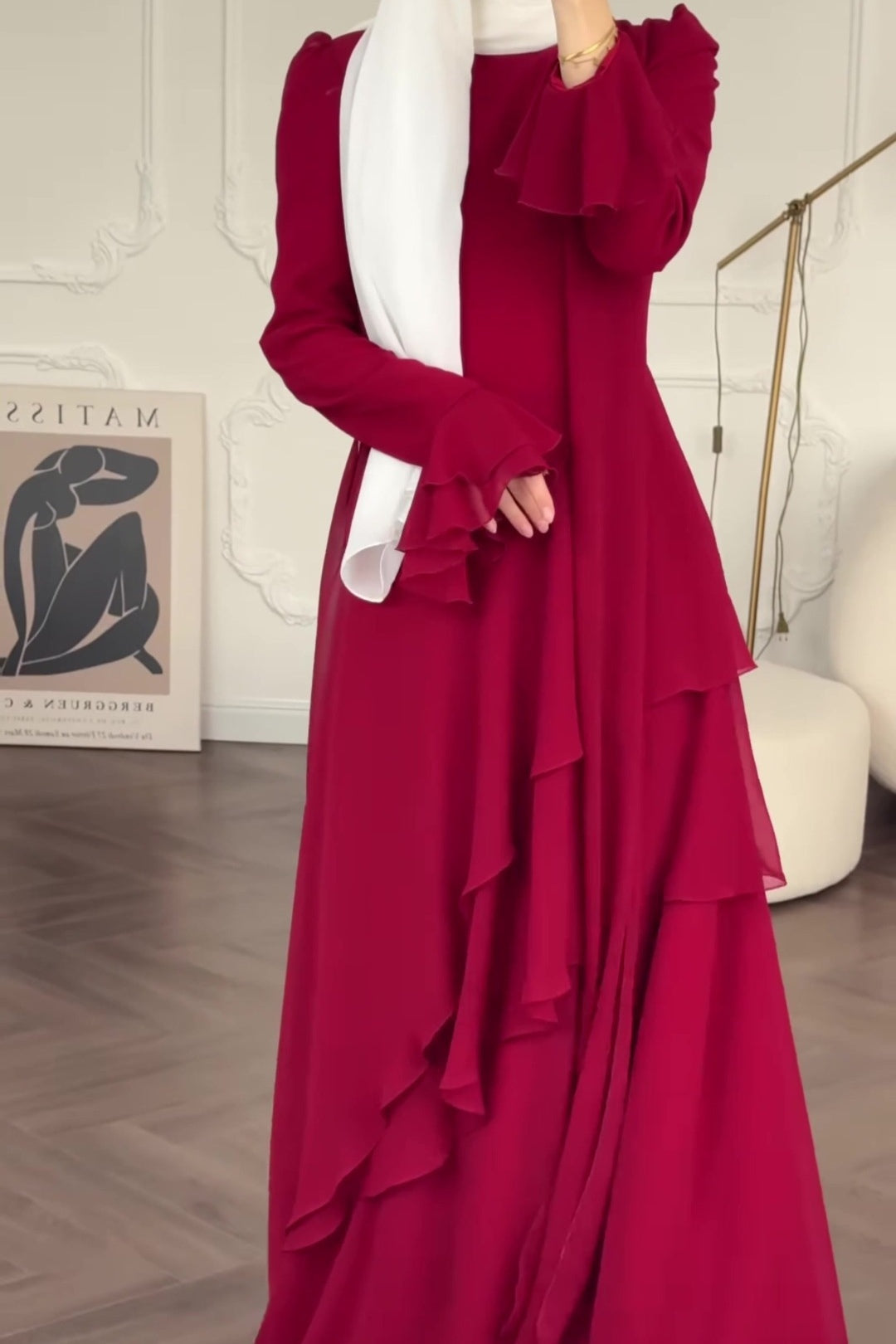 Burgundy Tiered Chiffon Modest Maxi Dress
